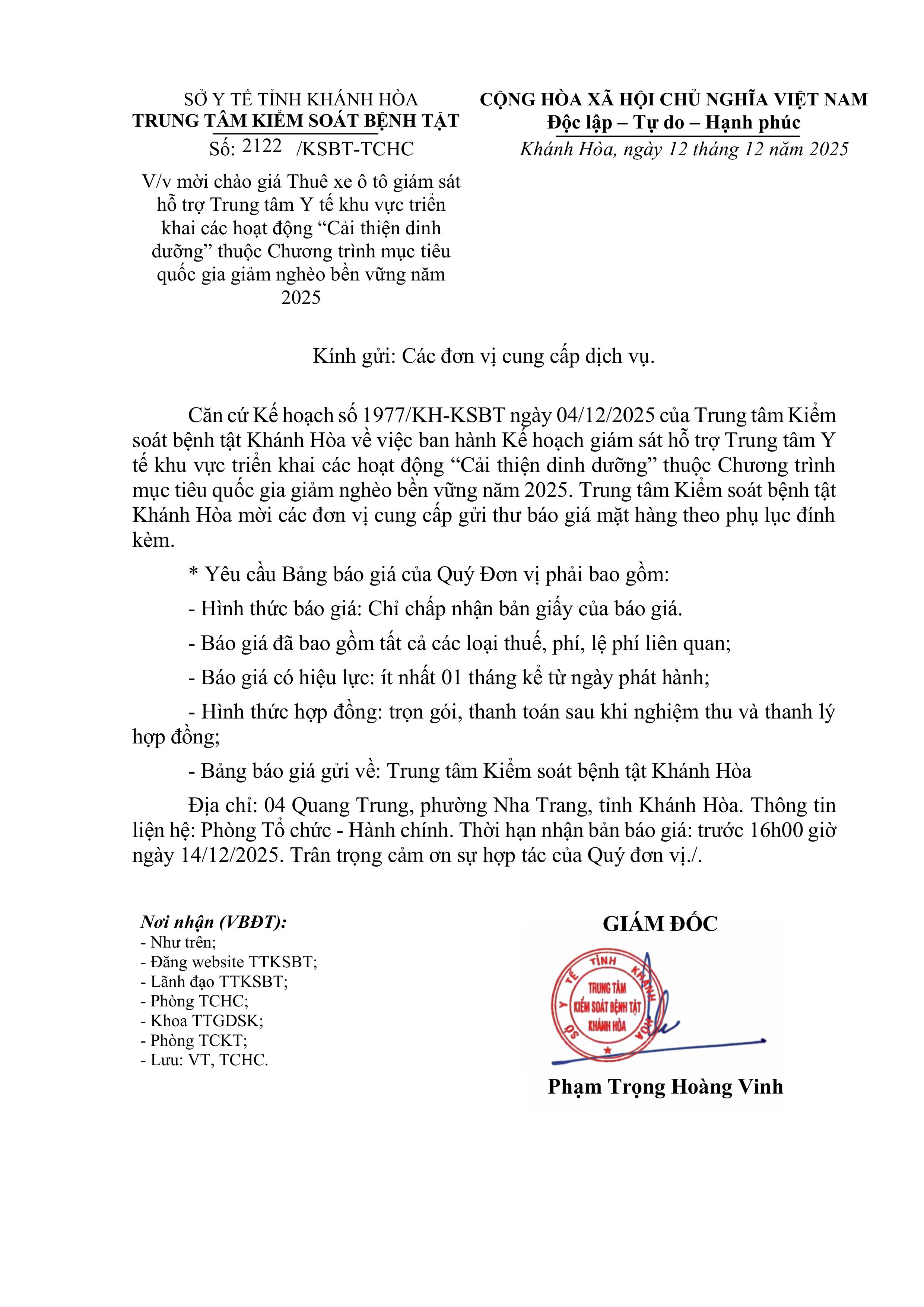 V/v mời báo giá xe đi công tác chương trình Dinh dưỡng